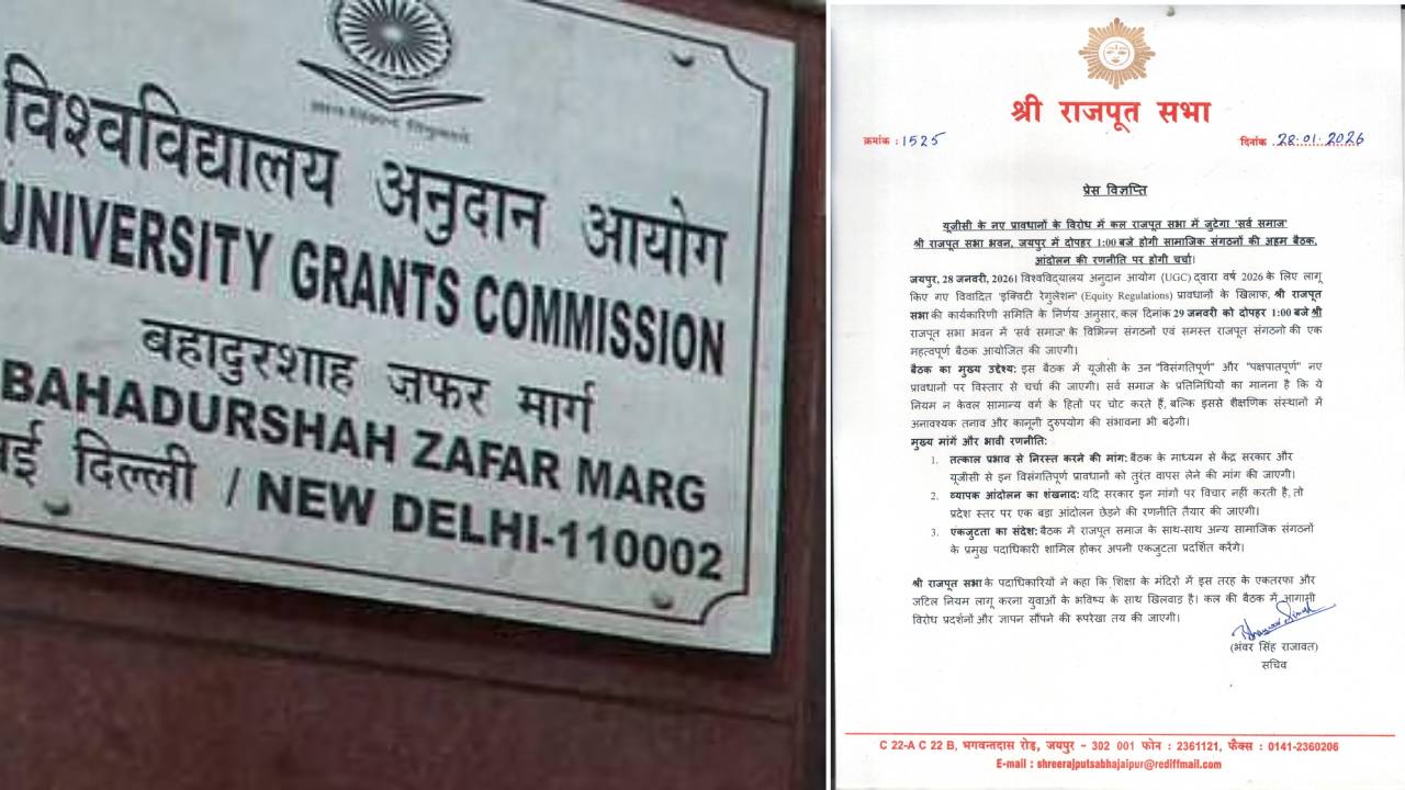 ​यूजीसी के नए प्रावधानों के विरोध में राजपूत सभा में जुटेगा 'सर्व समाज', आंदोलन की रणनीति पर होगी चर्चा