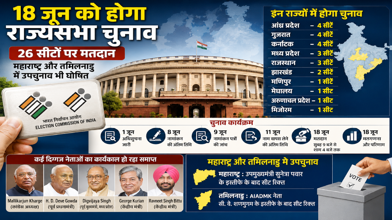 ​18 जून को होगा राज्यसभा चुनाव, 26 सीटों पर मतदान; महाराष्ट्र और तमिलनाडु में उपचुनाव भी घोषित