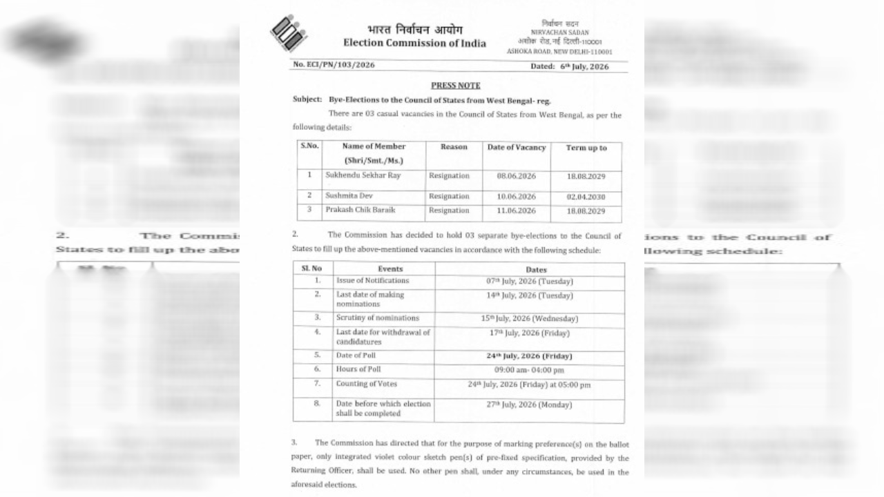​पश्चिम बंगाल की तीन राज्यसभा सीटों पर उपचुनाव का ऐलान, 24 जुलाई को होगा मतदान